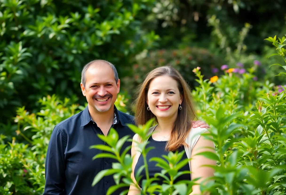 Founders of Doganin Sofrasi, a man and a woman, smiling warmly in a lush green garden setting.